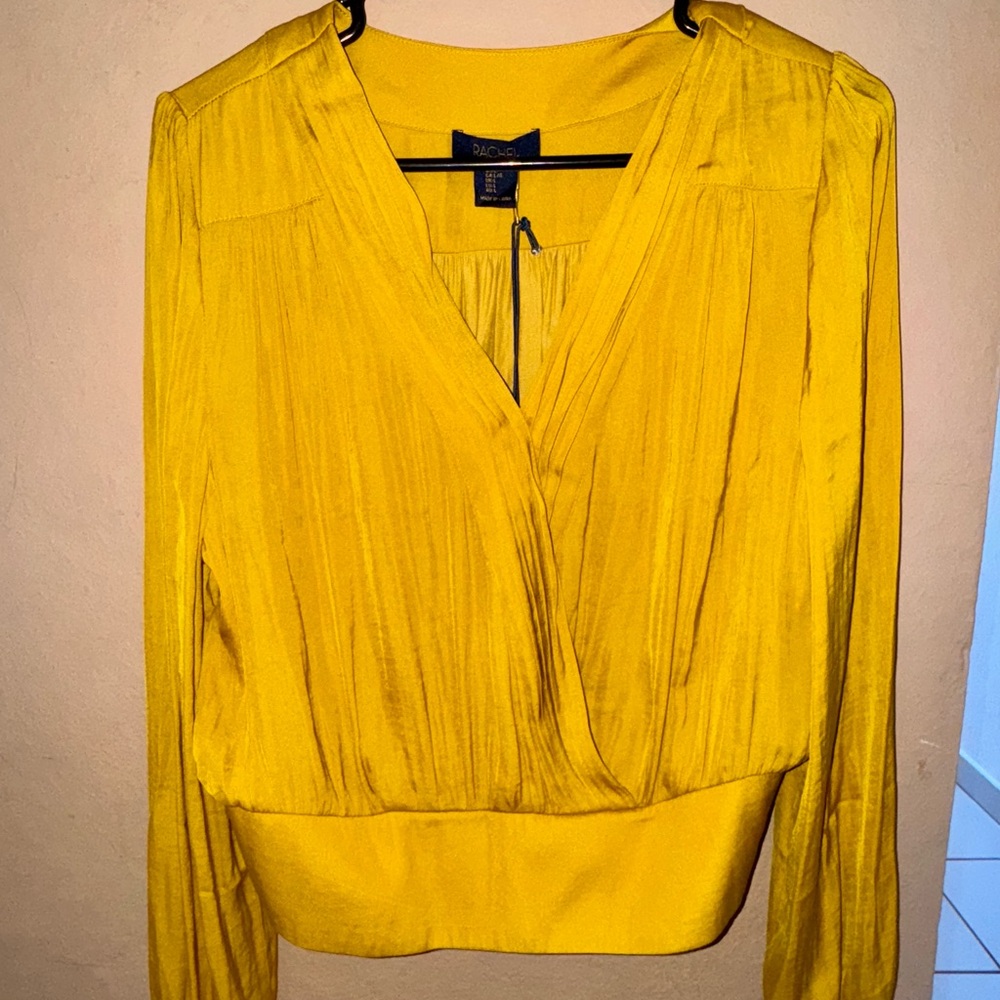 RACHEL Rachel Roy Yellow Wrap Blouse with Long Sleeves and Plunging V-Neckline